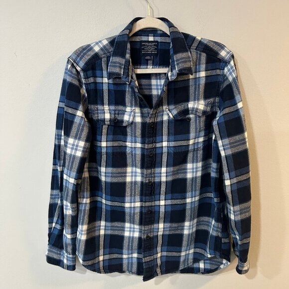 American Eagle Men's Flannel Button Up Shirt Collar Blue Plaid Size Large - Picture 1 of 5